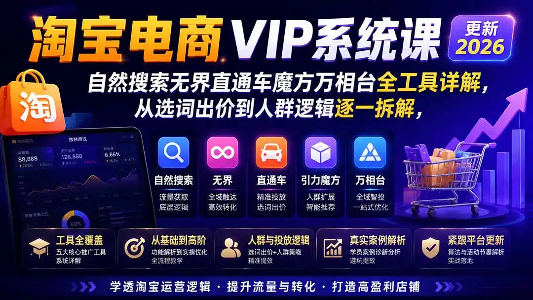 淘宝电商VIP系统课-更新8月;自然搜索无界直通车魔方万相台全工具详解,从选词出价到人群逻辑逐一拆解-云网创