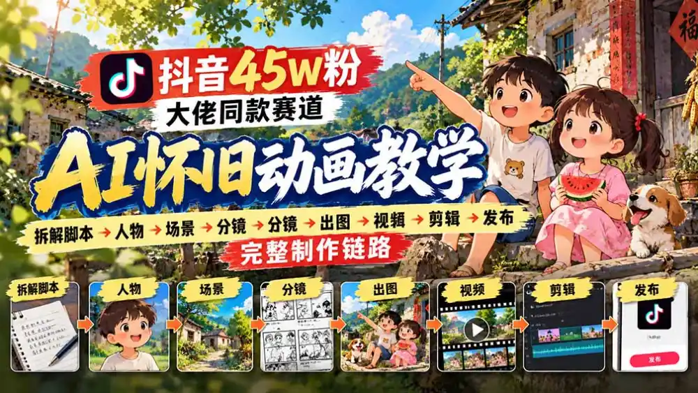 抖音45W粉大佬同款赛道AI怀旧动画教学：拆解脚本→人物→场景→分镜→出图→视频→剪辑→发布完整制作链路-云网创