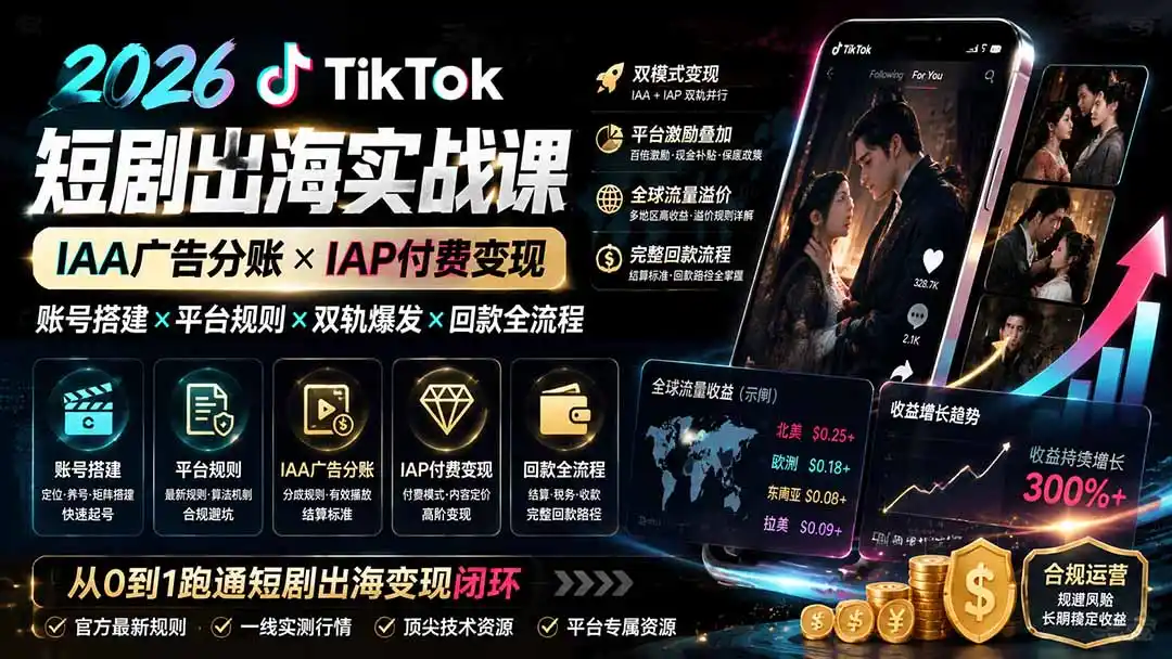2026TikTok短剧出海实战课:IAA广告分账×IAP付费变现×账号搭建×平台规则×双轨爆发×回款全流程