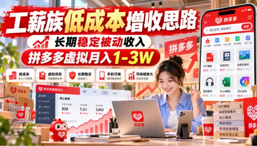 工薪族低成本增收思路，长期稳定被动收入，拼多多虚拟月入1-3W-云网创