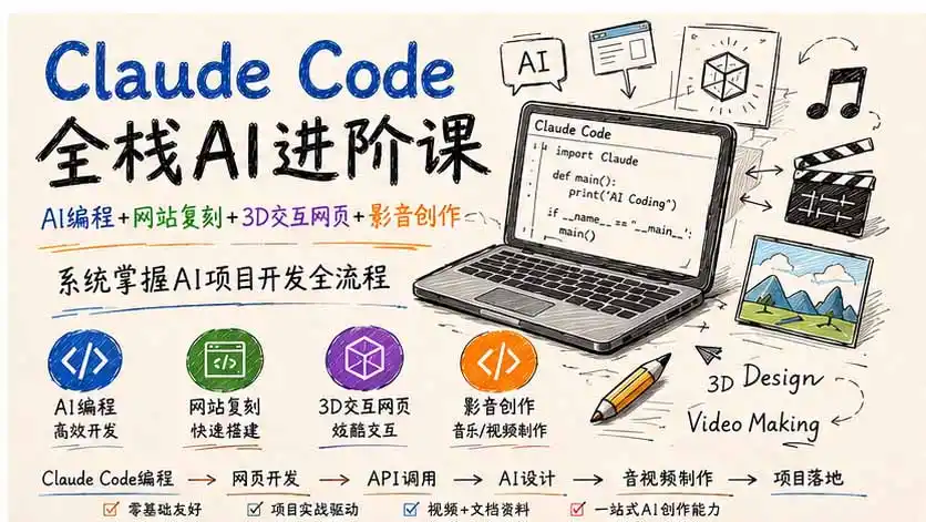 Claude Code全栈AI进阶课；AI编程+网站复刻+3D交互网页+影音创作，系统掌握AI项目开发全流程-云网创