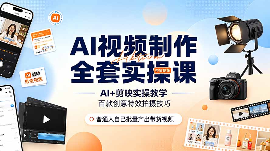 AI视频制作全套实操课,多款AI工具搭配剪映教学,百种特效运镜拍摄实操,抖音账号带货运营全覆盖-云网创