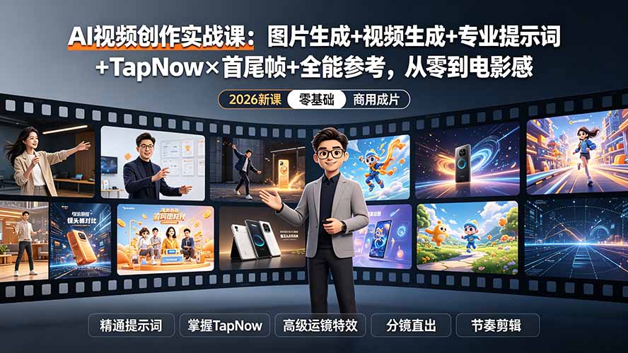 AI视频创作实战课：图片生成+视频生成+专业提示词+TapNow×首尾帧+全能参考，从零到电影感成片-云网创