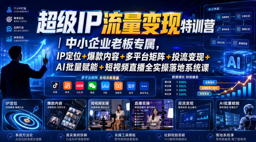 超级IP流量变现特训营|中小企业老板专属,IP定位+爆款内容+多平台矩阵+投流变现+AI批量赋能+短视频直播全实操落地系统课-云网创