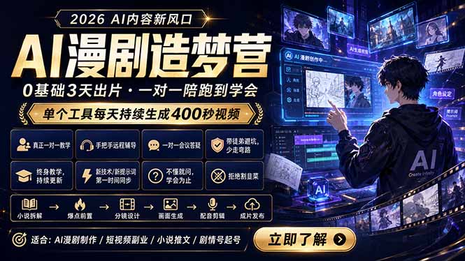 AI漫剧造梦营：0基础3天出片，单个工具每天持续生成400秒视频-云网创