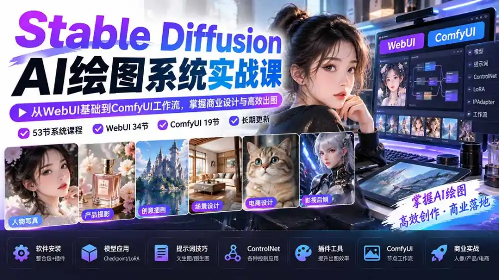【无水印】Stable Diffusion AI绘图系统实战课:从WebUI基础到ComfyUI工作流,掌握商业设计与高效出图-云网创