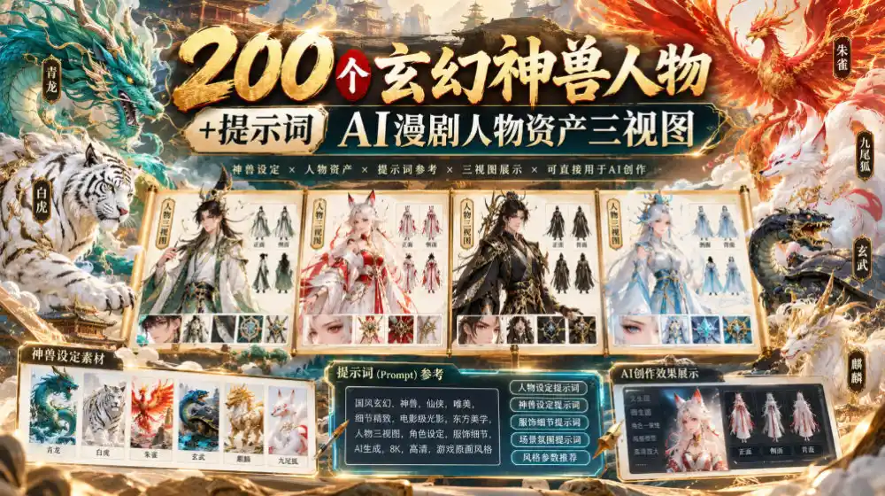 200个玄幻神兽人物+提示词ai漫剧人物资产三视图-云网创