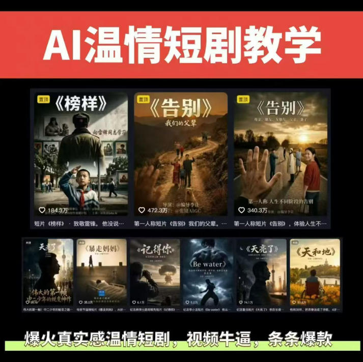 抖音58W粉丝博主的AI温情短剧玩法，条条爆款，伙伴计划+精选独家收益，商单收徒等(更新6月)-云网创