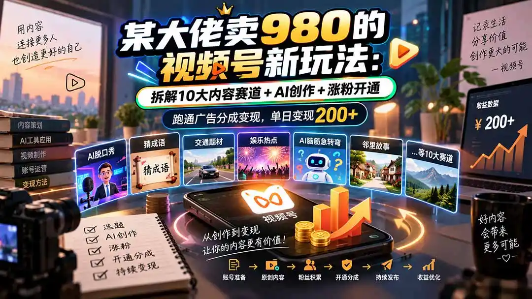 某大佬卖980的视频号新玩法:拆解10大内容赛道+AI创作+涨粉开通,跑通广告分成变现,单日变现200+-云网创