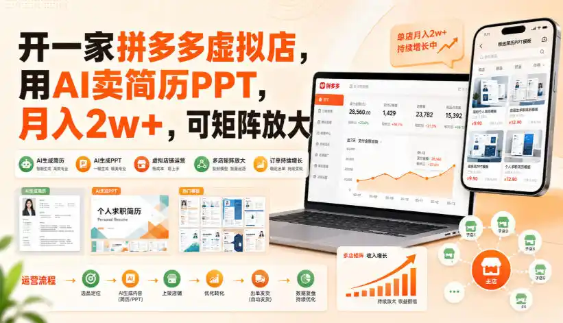 开一家拼多多虚拟店，用AI卖简历PPT，月入2w+，可矩阵放大【揭秘】-云网创