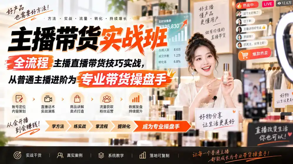主播带货实战班ZB，全流程主播直播带货技巧实战，从普通主播进阶为专业带货操盘手-云网创