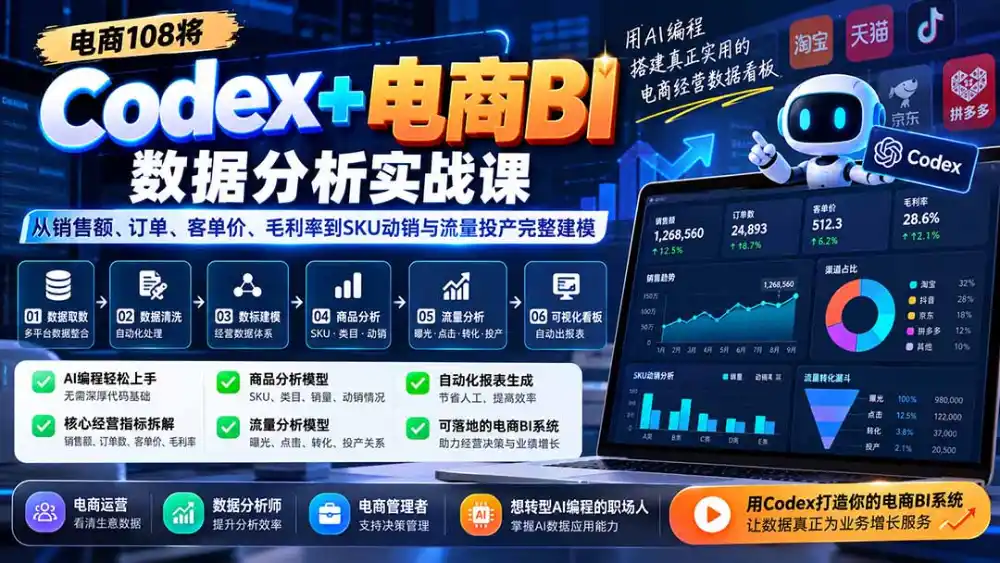 Codex+电商BI数据分析实战课-更新1026:从销售额、订单、客单价、毛利率到SKU动销与流量投产完整建模-云网创