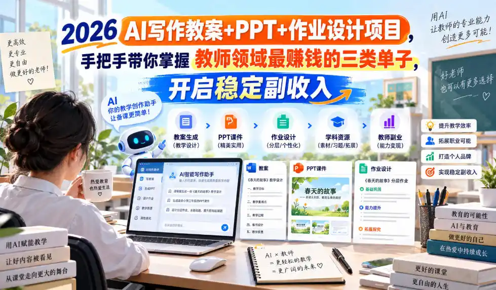 2026 AI写作教案+PPT+作业设计项目，手把手带你掌握教师领域最賺钱的三类单子，开启稳定副收入-云网创
