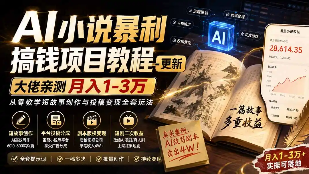 AI小说短故事暴利搞钱项目教程-更新,大佬亲测月入1-3万,从零教学短故事创作与投稿变现全套玩法-云网创