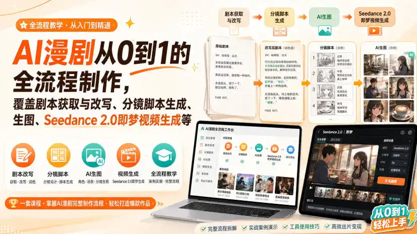 AI漫剧从0到1的全流程制作,覆盖剧本获取与改写、分镜脚本生成、角色场景生图与三视图、Seedance 2.0即梦视频生成(PDF版)-云网创