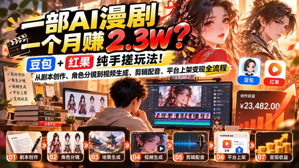一部AI漫剧一个月赚2.3W?豆包+红果纯手搓玩法!从剧本创作、角色分镜到视频生成、剪辑配音、平台上架变现全流程-云网创
