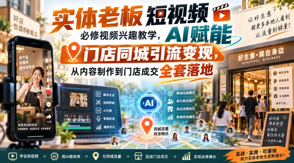 实体老板短视频必修视频兴趣教学,AI赋能门店同城引流变现,AI+短视频+直播打爆实体客流量-云网创