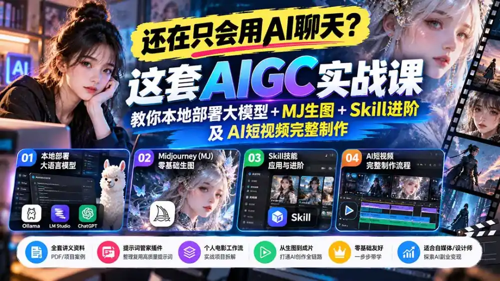 【无水印】还在只会用AI聊天?这套AIGC实战课教你本地部署大模型+MJ生图+Skill进阶及AI短视频完整制作-云网创