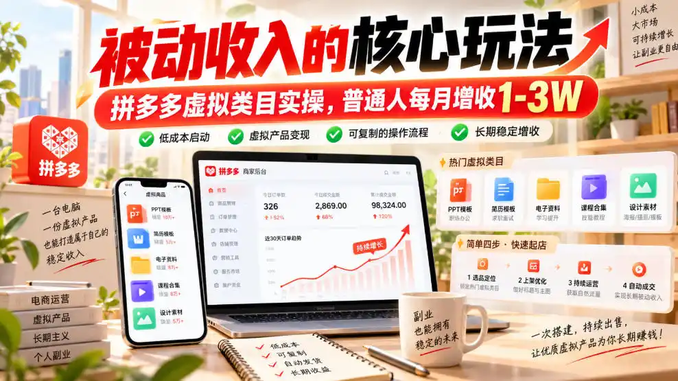 被动收入的核心玩法,拼多多虚拟类目实操,普通人每月增收1-3W【揭秘】-云网创