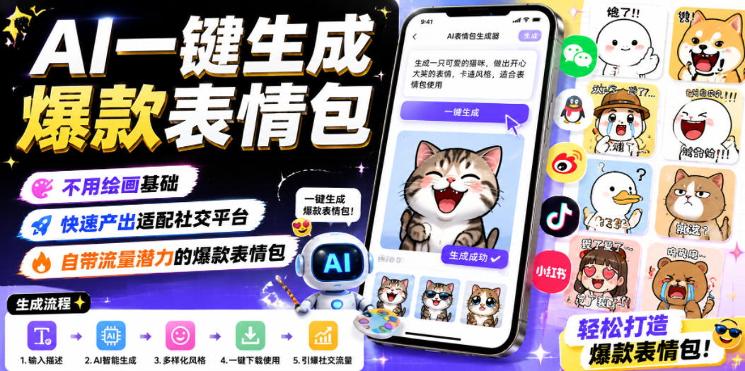 AI一键生成爆款表情包，不用绘画基础，快速产出适配社交平台，自带流量潜力的爆款表情包-云网创