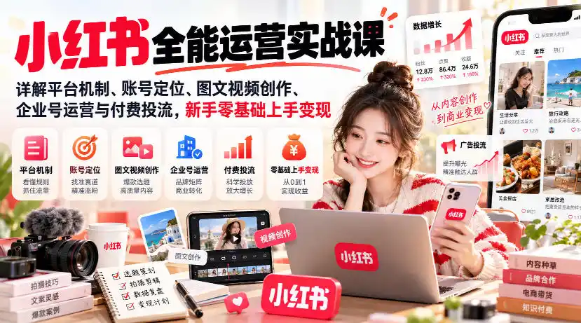 小红书全能运营实战课,详解平台机制、账号定位、图文视频创作、企业号运营与付费投流,新手零基础上手变现-云网创