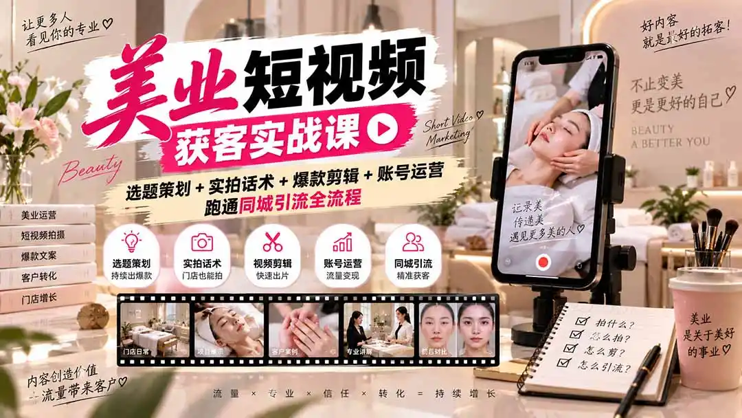美业短视频获客实战课-无水印:选题策划+实拍话术+爆款剪辑+账号运营,跑通同城引流全流程-云网创