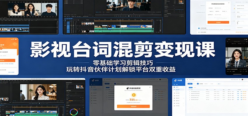 影视台词混剪变现课：零基础学习剪辑技巧，玩转抖音伙伴计划解锁平台双重收益-云网创
