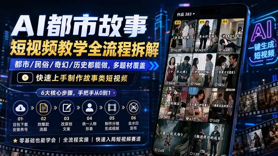 AI都市故事短视频教学全流程拆解;都市/民俗/奇幻/历史都能做多题材覆盖,快速上手制作故事类短视频-云网创