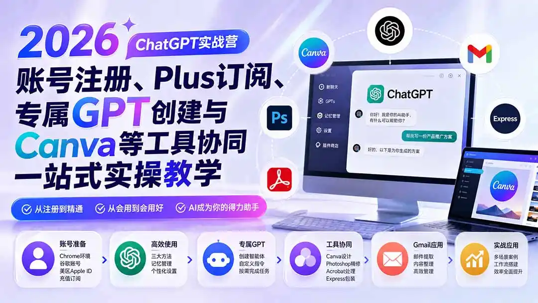 2026 ChatGPT实战营；账号注册、Plus订阅、专属GPT创建与Canva等工具协同一站式实操教学-云网创