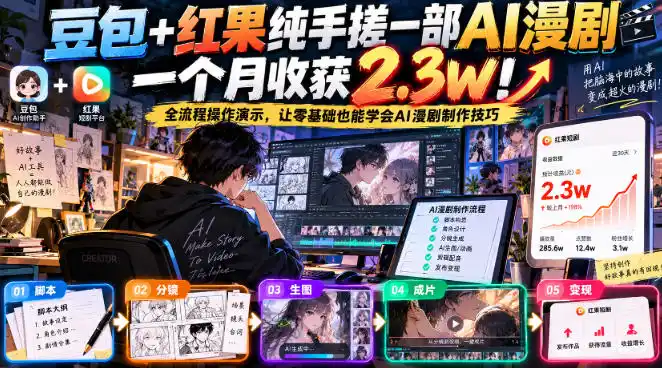 豆包+红果纯手搓一部AI漫剧一个月收获2.3w!全流程操作演示,让零基础也能学会AI漫剧制作技巧-云网创