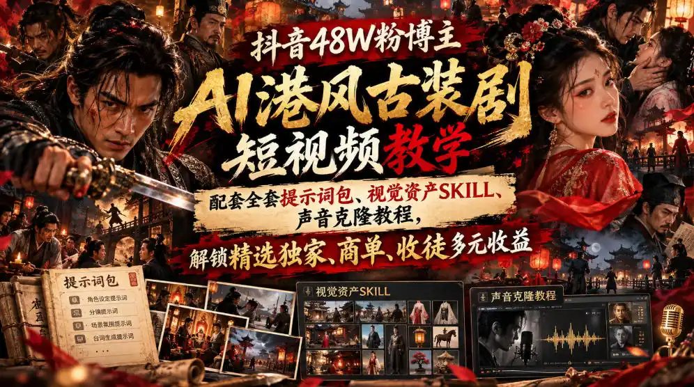 抖音48W粉博主AI港风古装剧短视频教学,配套全套提示词包、视觉资产SKILL、声音克隆教程,解锁精选独家、商单、收徒多元收益-云网创