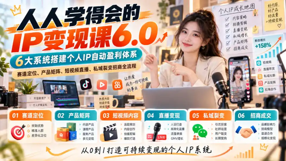 人人学得会的IP变现课6.0,6大系统搭建个人IP自动盈利体系,赛道定位、产品矩阵、短视频直播、私域裂变招商全流程-云网创