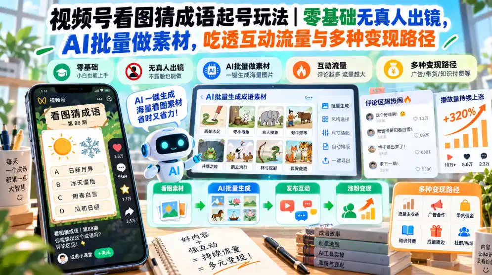 视频号看图猜成语起号玩法|零基础无真人出镜,AI批量做素材,吃透互动流量与多种变现路径-云网创