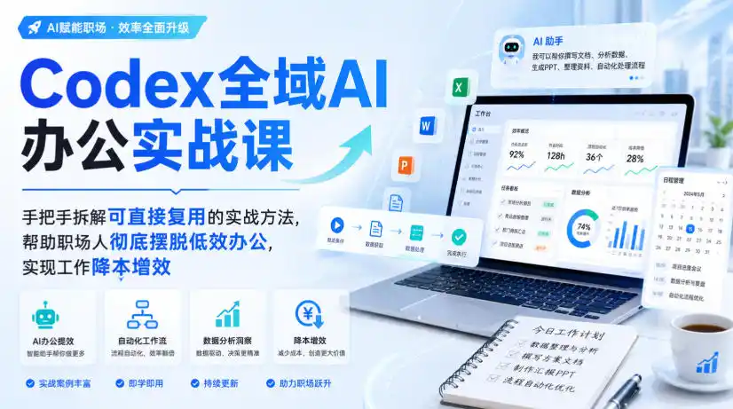 Codex全域AI办公实战课，手把手拆解可直接复用的实战方法，帮助职场人彻底摆脱低效办公，实现工作降本增效-云网创