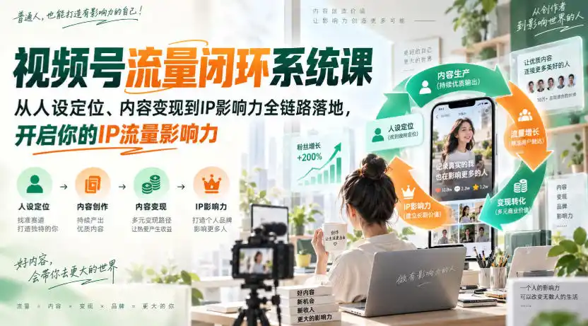 视频号流量闭环系统课,从人设定位、内容变现到IP影响力全链路落地,开启你的IP流量影响力-云网创