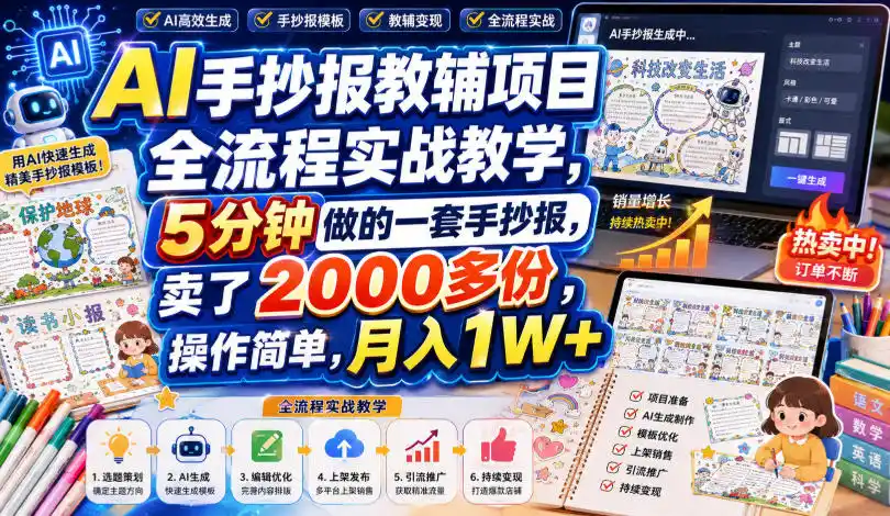 AI手抄报教辅项目全流程实战教学,5分钟做的一套手抄报,卖了2000多份,操作简单,月入1W+-云网创