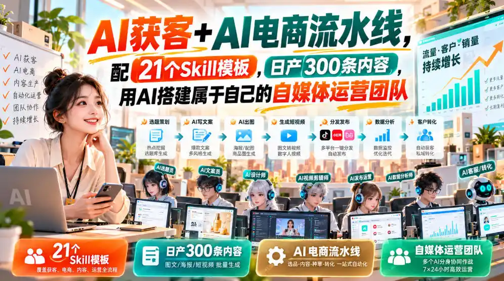 AI获客+AI电商流水线，配21个Skill模板，日产300条内容，用AI搭建属于自己的自媒体运营团队-云网创