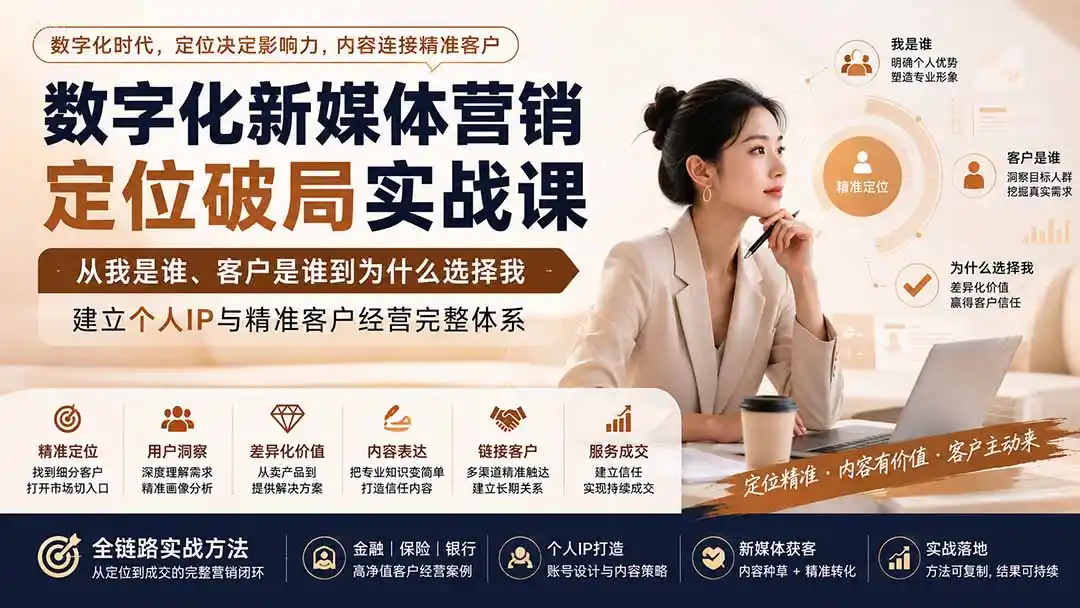 数字化新媒体营销定位破局实战课：从我是谁、客户是谁到为什么选择我，建立个人IP与精准客户经营完整体系-云网创