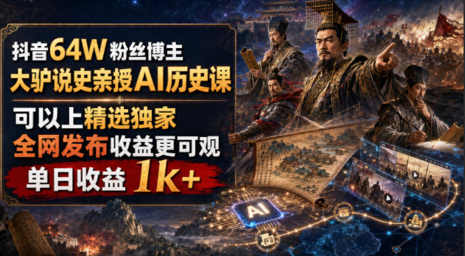 抖音64W粉丝博主大驴说史亲授AI历史课,可以上精选独家,全网发布收益更可观,单日收益1k+-云网创