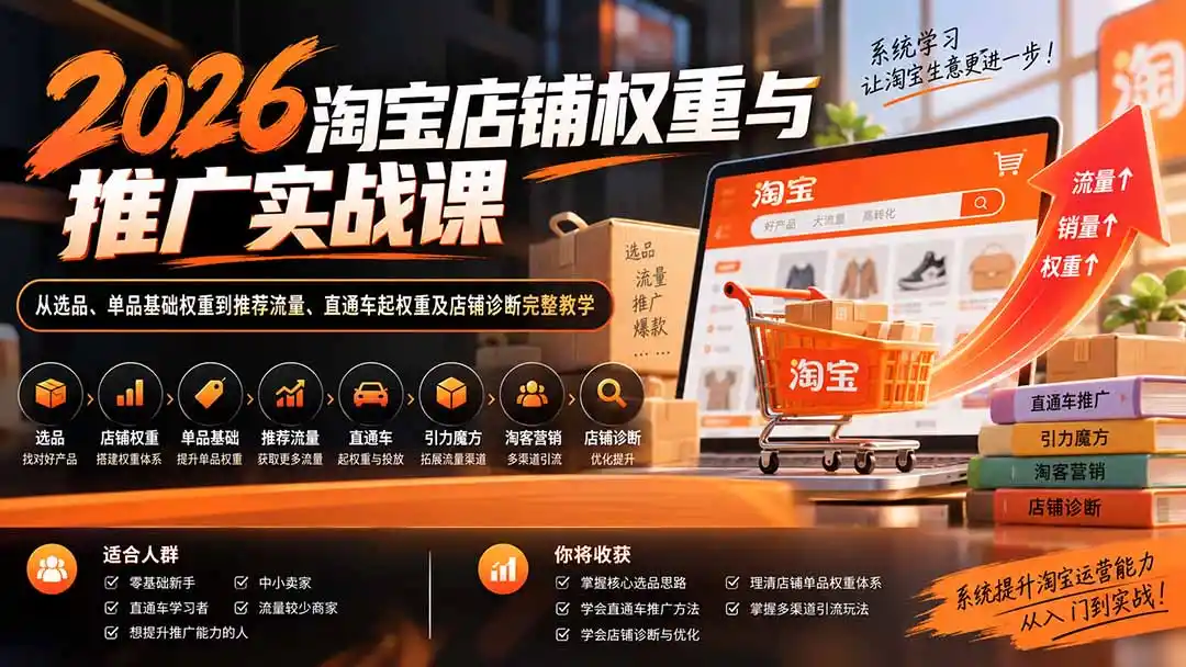 2026淘宝店铺权重与推广实战课：从选品、单品基础权重到推荐流量、直通车起权重及店铺诊断完整教学-云网创