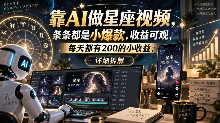 靠AI做星座视频，条条都是小爆款，收益可观，每天都有200的小收益，详细拆解-云网创