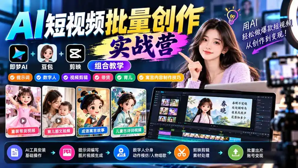 【无水印】AI短视频批量创作实战营:即梦+豆包+剪映组合教学,提示词/数字人/视频剪辑/带货/育儿/寓言内容制作技巧-云网创