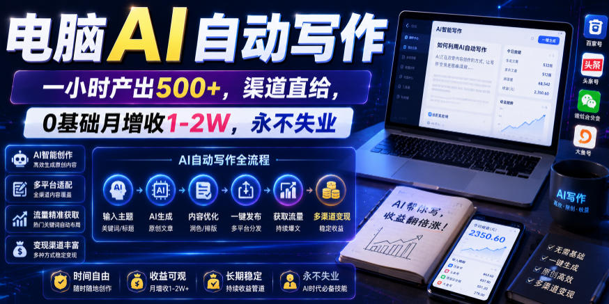 电脑AI自动写作，一小时产出500+，渠道直给，0基础月增收1-2W，永不失业【揭秘】-云网创