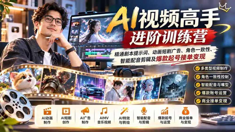 AI视频高手进阶训练营:精通剧本提示词、动画短剧广告、角色一致性、智能配音剪辑及爆款起号接单变现-云网创