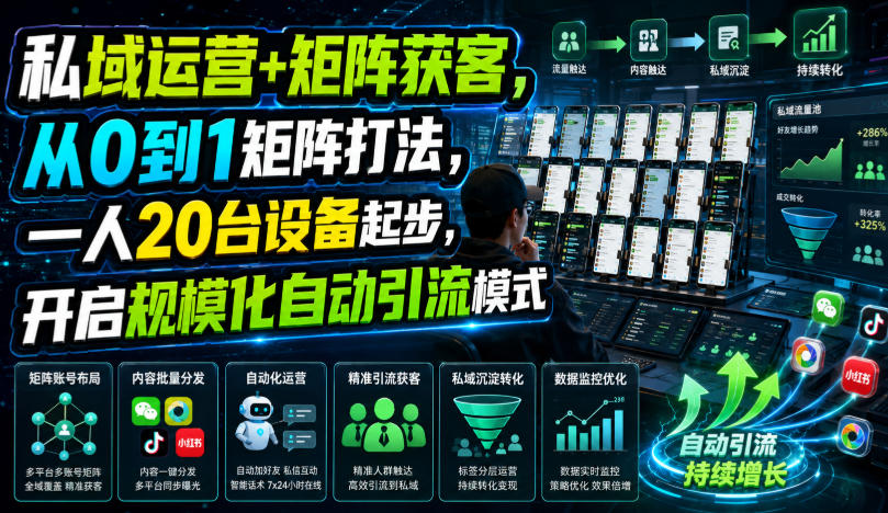 私域运营+矩阵获客,从0到1矩阵打法,一人20台设备起步,开启规模化自动引流模式!