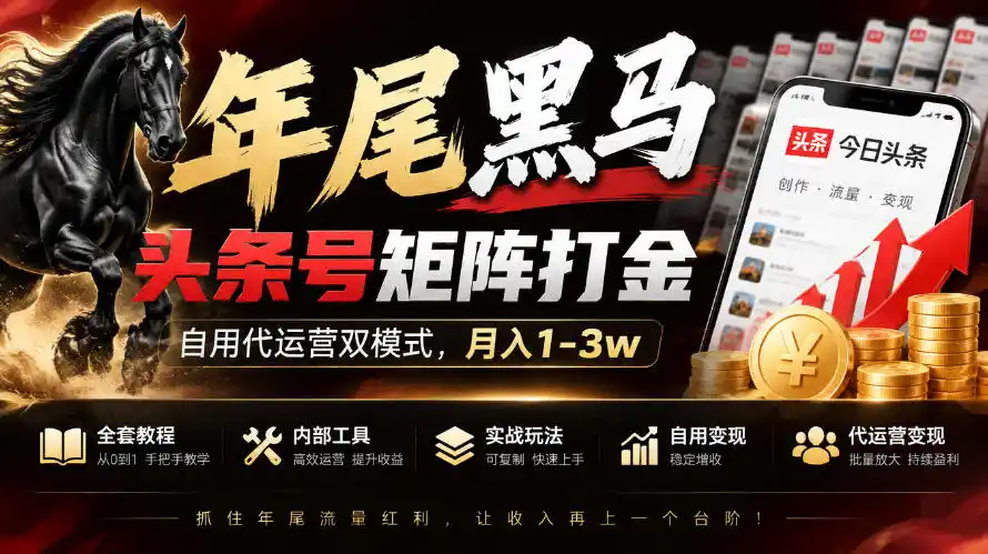 【年尾黑马】头条号矩阵打金,自用代运营双模式,月入1-3w,附全套教程及内部工具【揭秘】-云网创