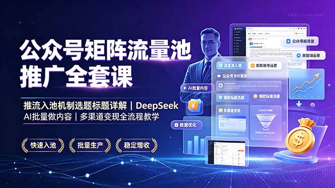 公众号矩阵流量池推广全套课,推流入池机制选题标题详解,DeepSeek AI批量做内容,多渠道变现全流程教学-云网创