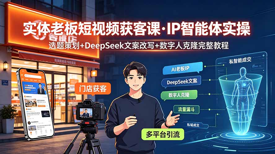 实体老板短视频获客课·IP智能体实操｜选题策划+DeepSeek文案改写+数字人克隆完整教程-云网创