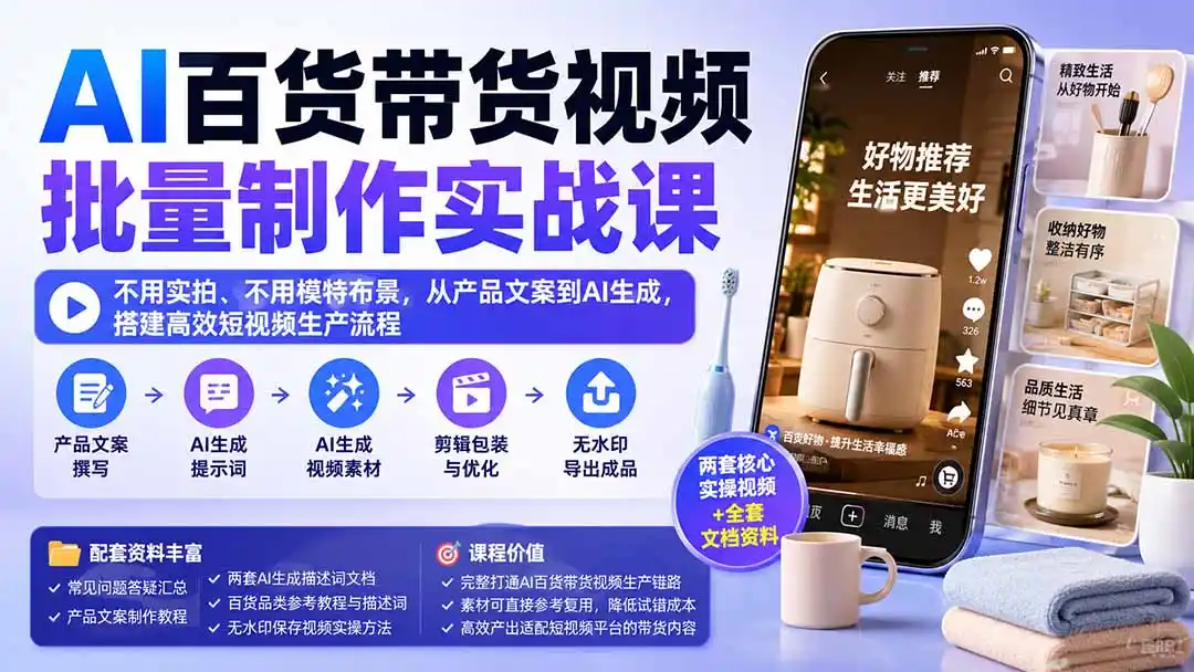 AI百货带货视频批量制作实战课：不用实拍、不用模特布景，从产品文案到AI生成，搭建高效短视频生产流程-云网创