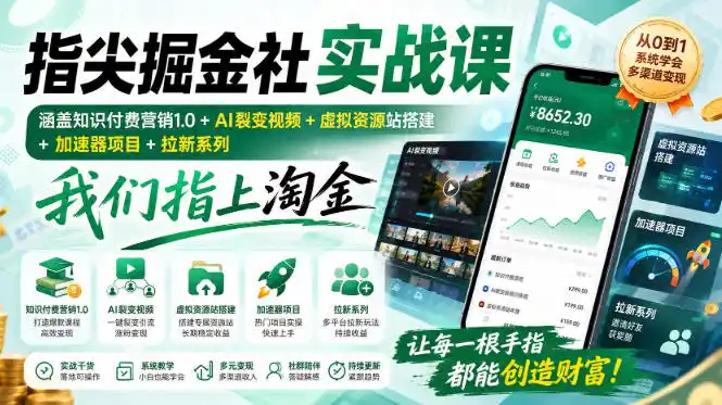 指尖掘金社实战课，涵盖知识付费营销1.0+AI裂变视频+虚拟资源站搭建+加速器项目+拉新系列，我们指上淘金！-云网创